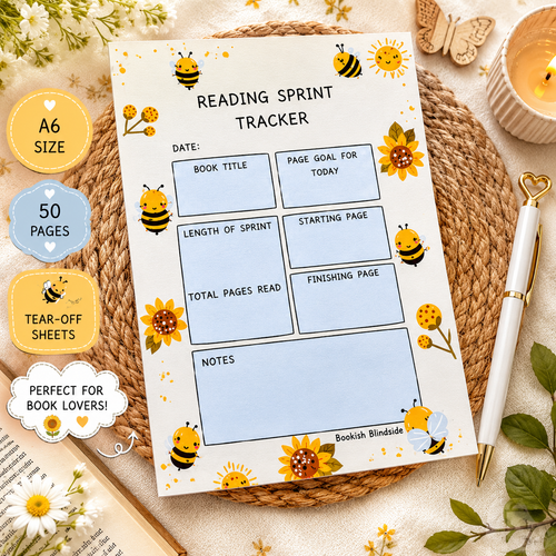 Reading sprint tracker with bee and sunflower design on a textured surface with decorative elements.