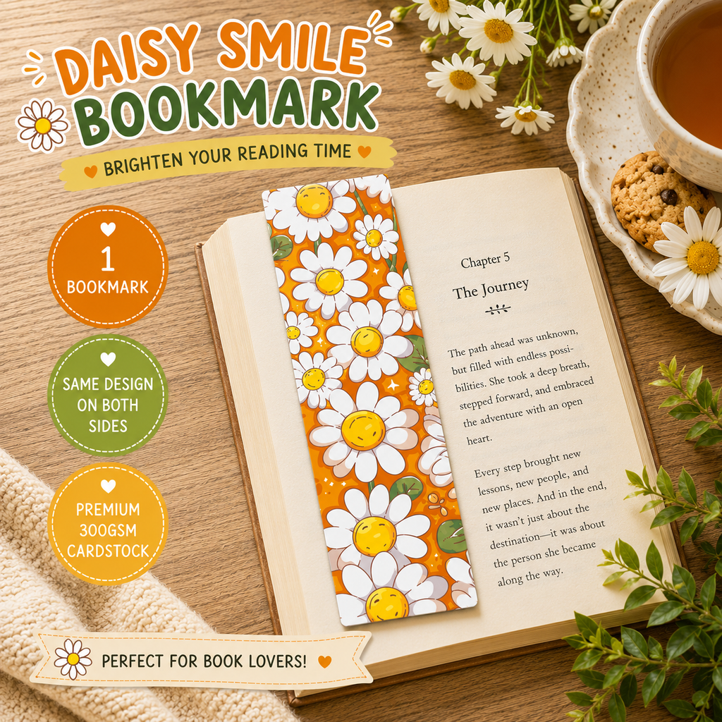 Daisy smile bookmark with a book, tea, and cookies on a wooden surface.
