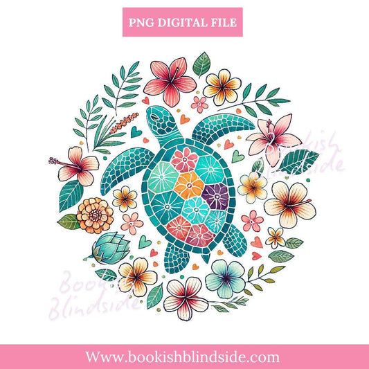 Turtle Floral PNG | Mosaic Sea Turtle Clipart Tropical Watercolor PNG | Sublimation Design for Shirts, Mugs, Wall Art & More | Digital