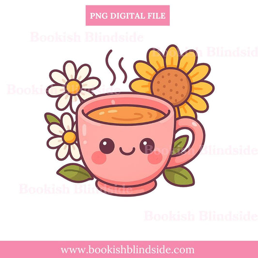 Kawaii Tea Cup Sticker PNG | Cute Digital Floral Mug | Happy Sunflower & Daisy Clipart for GoodNotes, iPad, Digital Planners, Bookish Decor