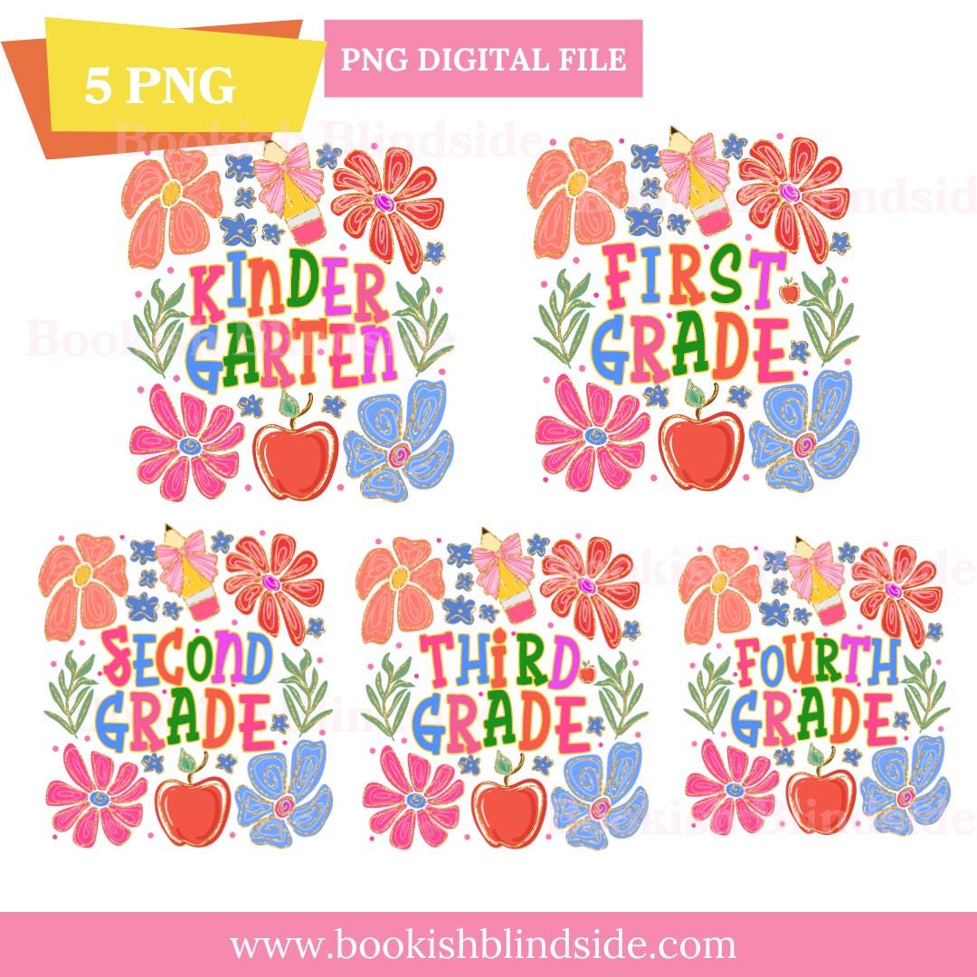 5 Grade Level PNG Bundle | Kindergarten to Fourth Grade | Back to School Digital Downloads | Floral Classroom Decor | Instant PNG Files