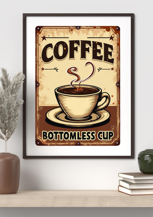 Vintage Coffee Wall Art | “Bottomless Cup” Retro Café Poster | Printable Kitchen Decor | Rustic Coffee Sign | Instant Digital Download