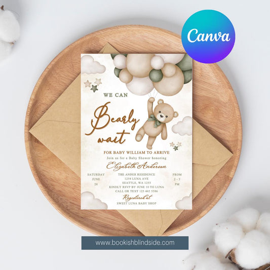 Bearly Wait Baby Shower Invitation | Editable Canva Template | Neutral Teddy Bear Theme | Instant Download | Baby Boy or Girl Invite