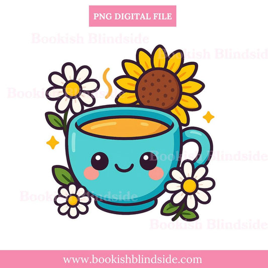 Blue Kawaii Tea Cup Sticker PNG | Cute Digital Mug with Sunflower & Daisies | Cozy Digital Sticker for GoodNotes, Planners, iPad, Bookish De