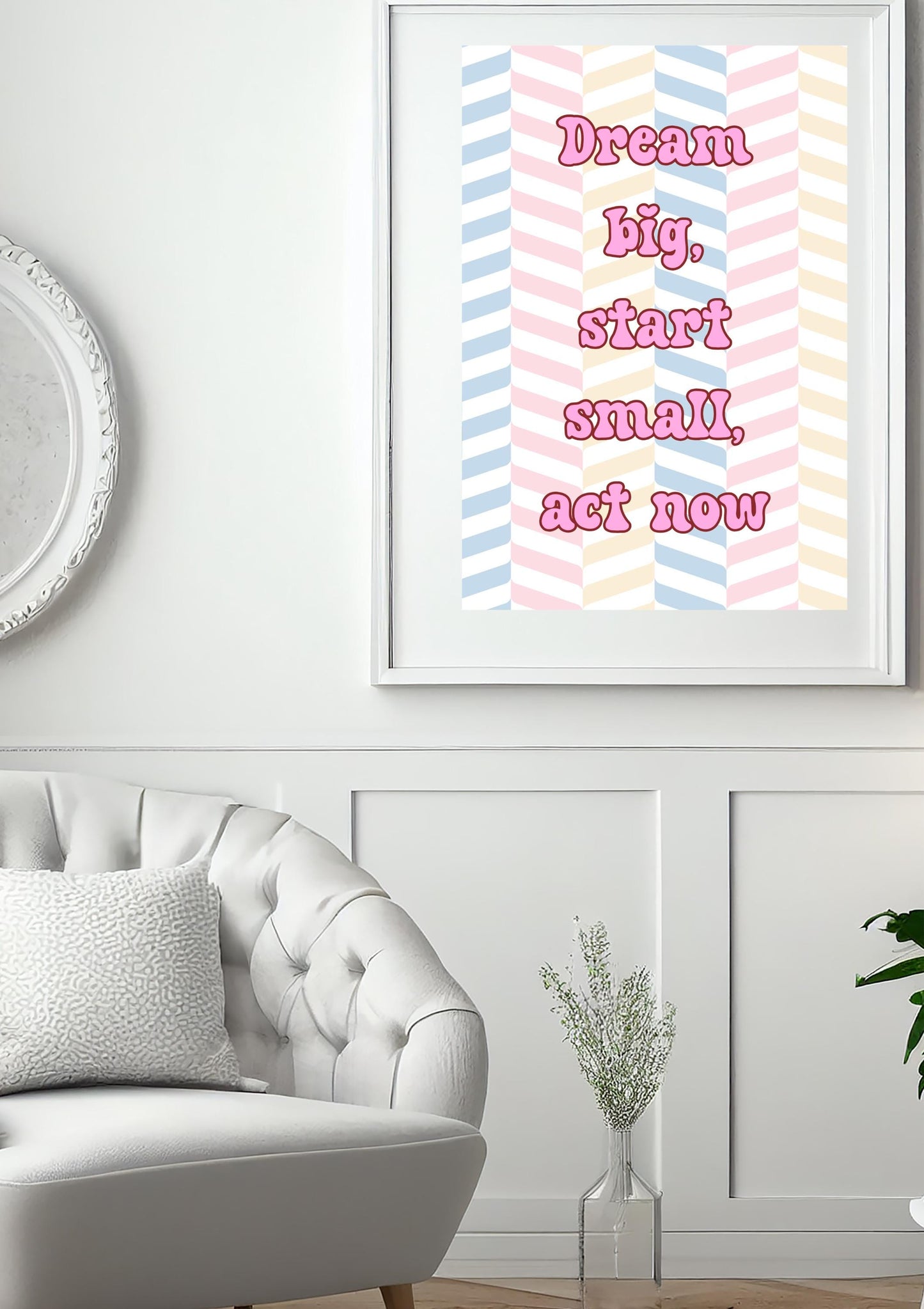 Dream Big Start Small Act Now Print | Pastel Motivational Wall Art | Kawaii Striped Decor | Positive Quote Printable | Digital Download