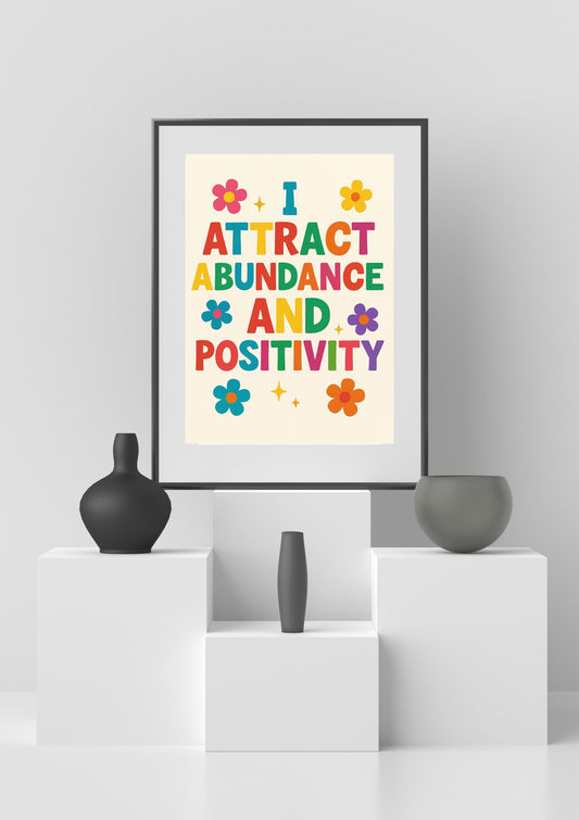 I Attract Abundance and Positivity Wall Art | Retro Affirmation Printable | Rainbow Self-Love Quote | Colorful Mental Health Decor | PNG