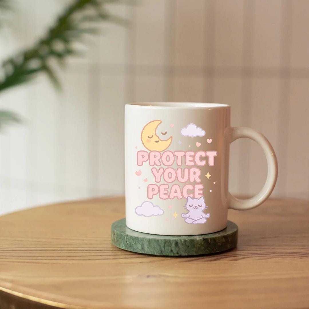 Protect Your Peace PNG | Kawaii Cat Self-Care Digital Sticker | Moon & Cloud Affirmation Sublimation | Instant Download Clipart