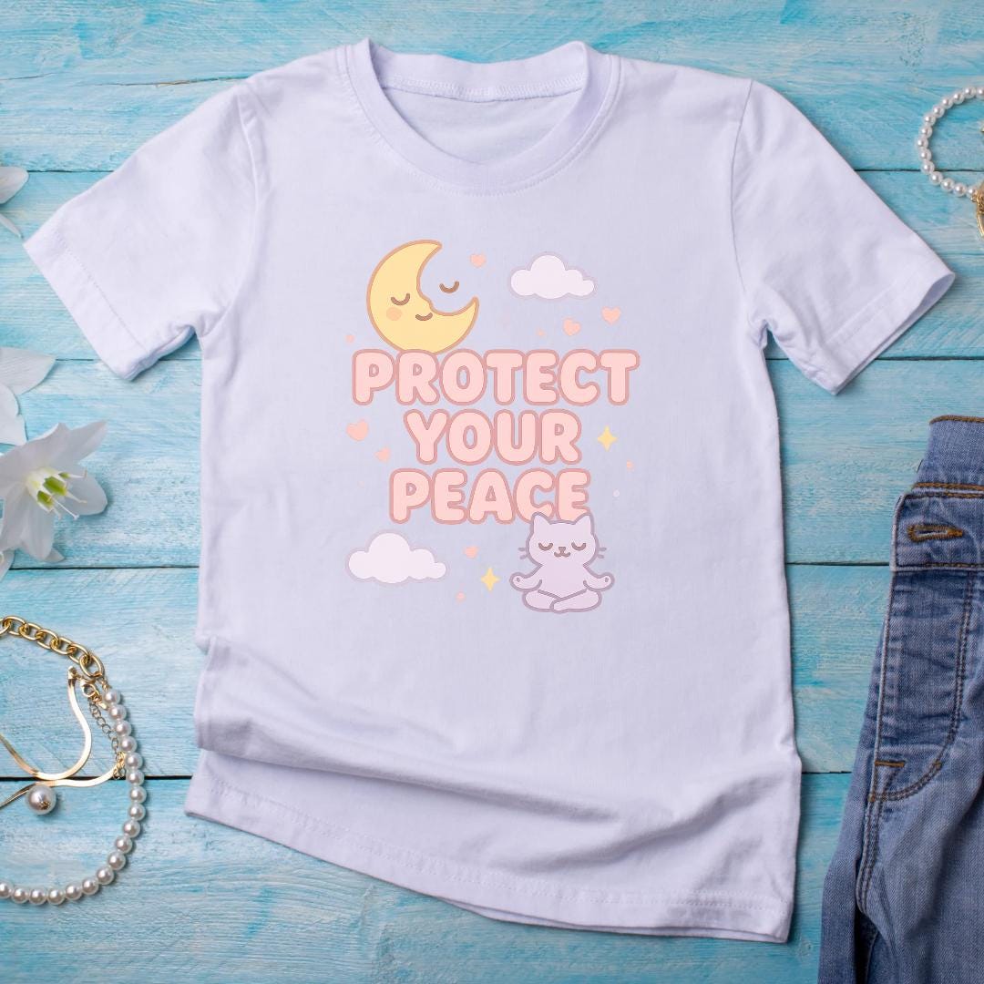 Protect Your Peace PNG | Kawaii Cat Self-Care Digital Sticker | Moon & Cloud Affirmation Sublimation | Instant Download Clipart
